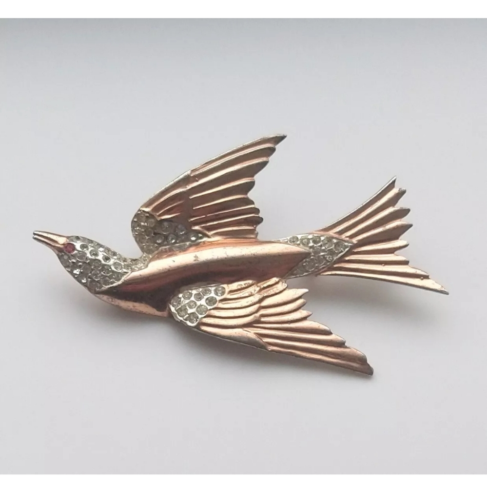Sterling Silver Rose Gold Plated Dove Bird Brooch Rhinestone 1940's Art Deco VTG